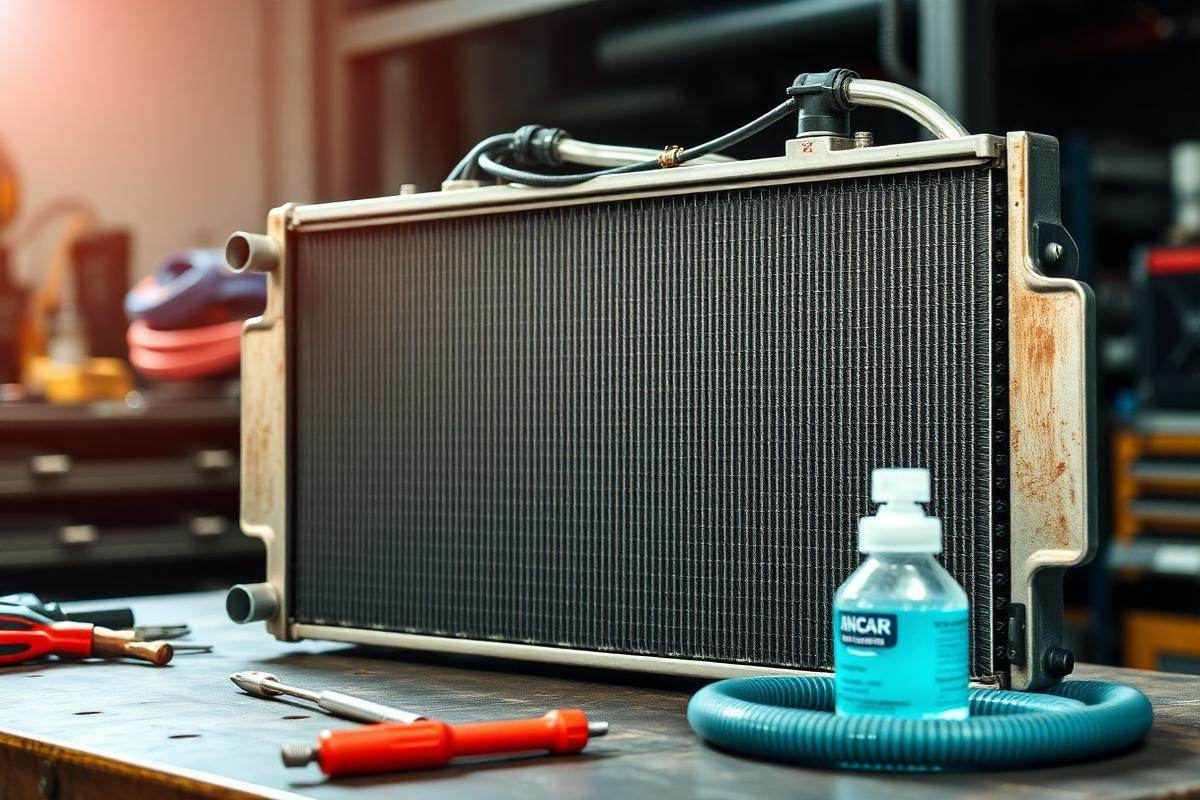 Automotive radiator core on a workbench beside hand tools, a coolant hose and a bottle of coolant