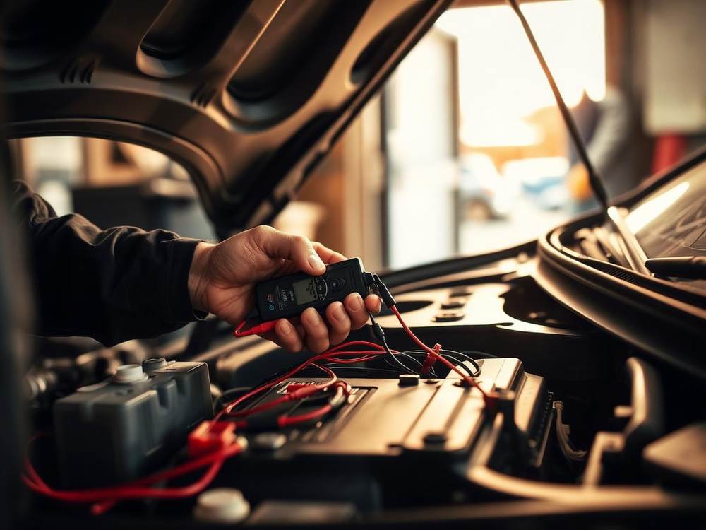 Mechanic testing headlight wiring with a multimeter under an open hood