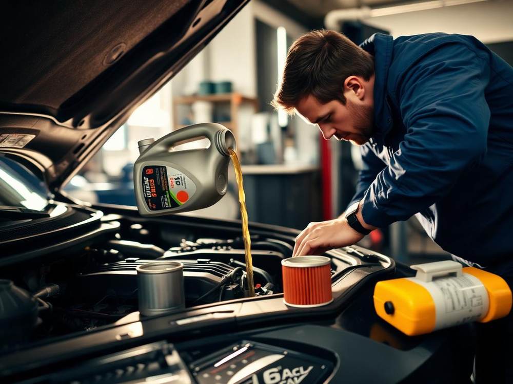 Mechanic pouring fresh oil into an engine bay next to a new oil filter