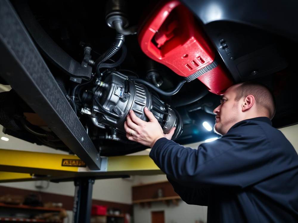 Mechanic inspecting a transmission housing on a car raised on a shop lift